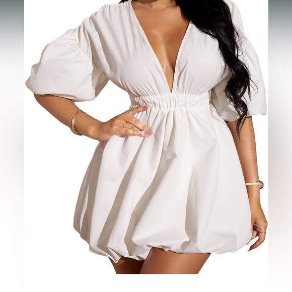 White V Neck Puff Sleeve Mini Dress - Picture 2 of 5